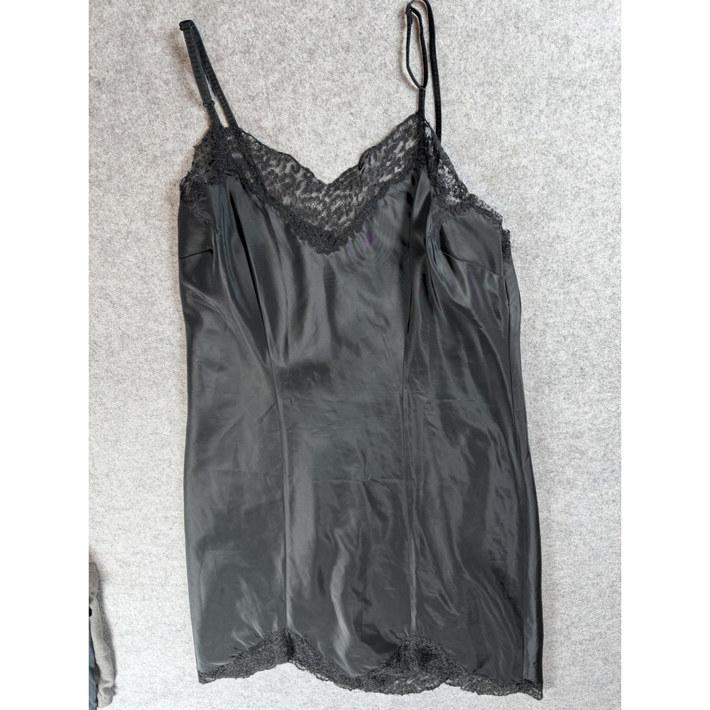 I.Magnin Womens Slip Dress 38 Black Lace Scalloped Hem Nylon Taffeta Vintage 90s